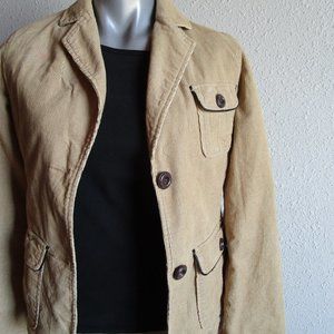 Tan corduroy jacket, light coat, Merona XS, with two buttons, belt and pockets